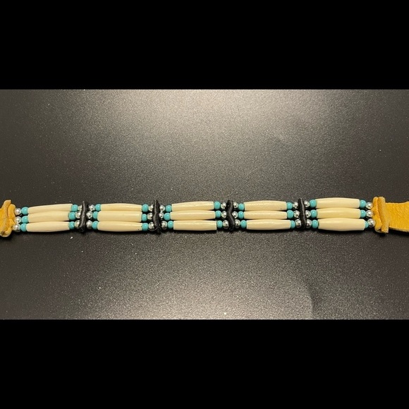 Buffalo Bone Native American Tribal Choker Beaded Turquoise Pewter Necklace VTG - Picture 15 of 16